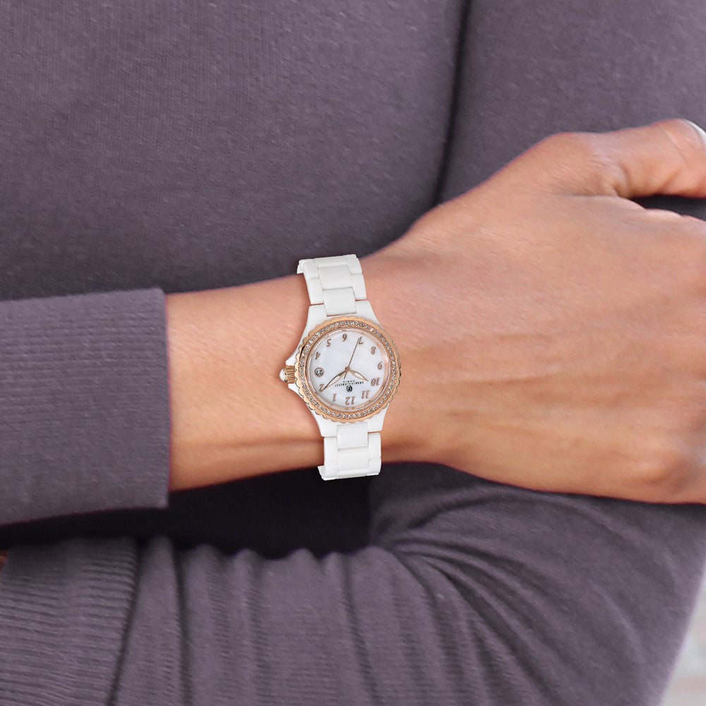 Charles-Hubert White Ceramic 38mm Stainless Steel Rose IP-plated Crystal Bezel Mother of Pearl Dial with Date Watch