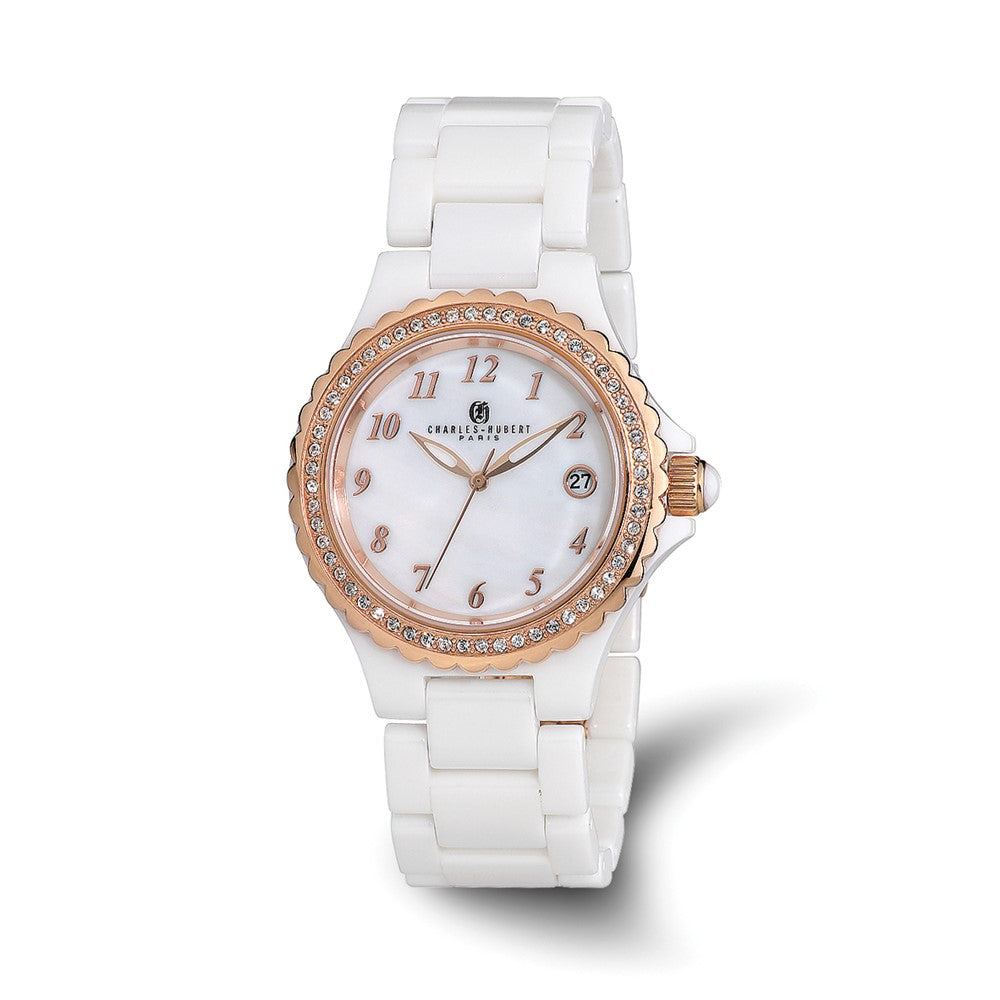 Charles-Hubert White Ceramic 38mm Stainless Steel Rose IP-plated Crystal Bezel Mother of Pearl Dial with Date Watch