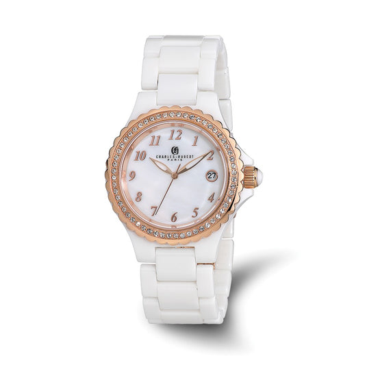 Charles-Hubert White Ceramic 38mm Stainless Steel Rose IP-plated Crystal Bezel Mother of Pearl Dial with Date Watch