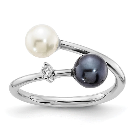 14k White Gold 5-6mm Black and White Round Akoya Saltwater Cultured Pearl and .04 Carat Diamond Adjustable Ring