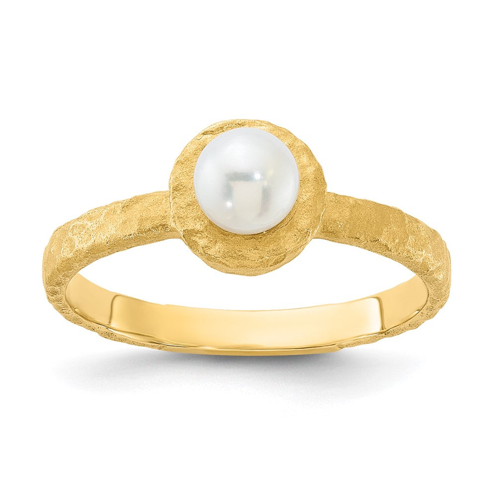 14K Brushed & Hammered 5-6mm Rnd Wht Freshwater Cultured Pearl Ring