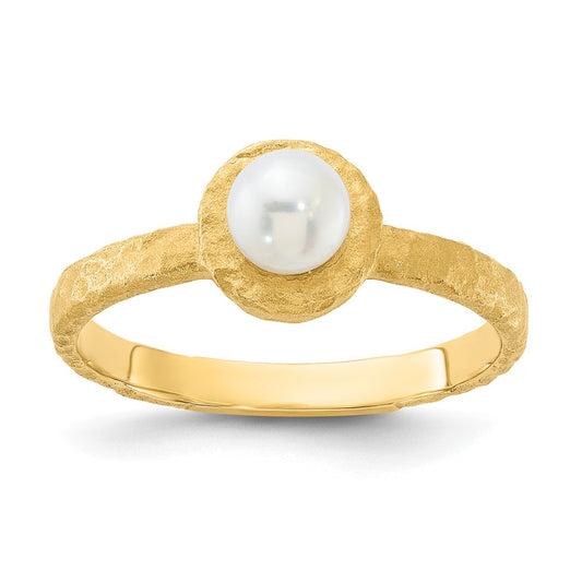14K Brushed & Hammered 5-6mm Rnd Wht Freshwater Cultured Pearl Ring