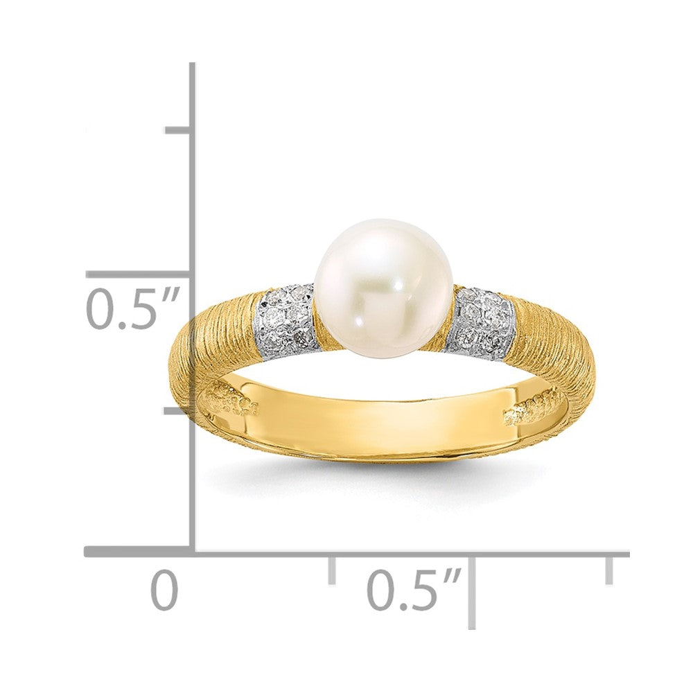 14K Textured 6-7mm Round White FWC Pearl and .09ct Diamond Ring
