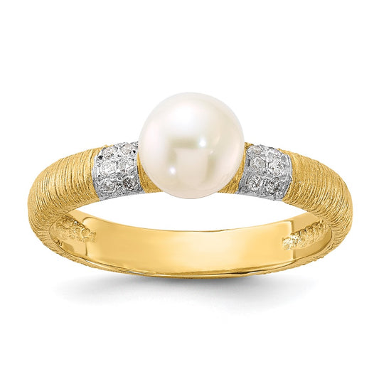 14K Textured 6-7mm Round White FWC Pearl and .09ct Diamond Ring