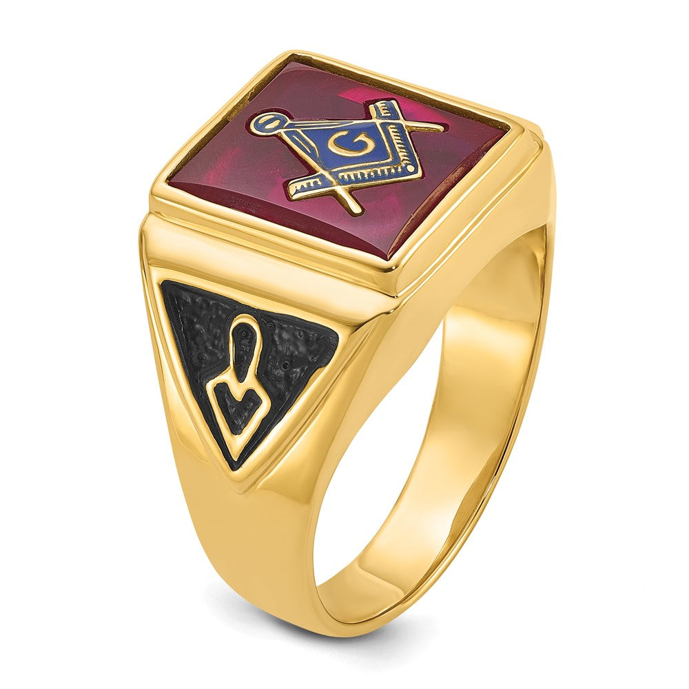 14k Men's Polished and Textured with Black Enamel and Lab Created Ruby Masonic Ring