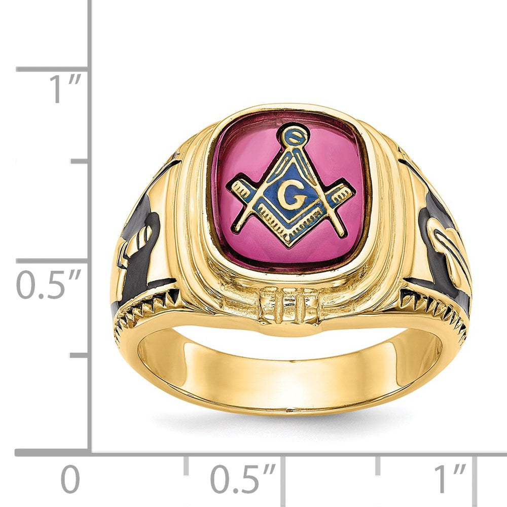 14k Men's Polished and Textured with Black Enamel and Lab Created Ruby Masonic Ring
