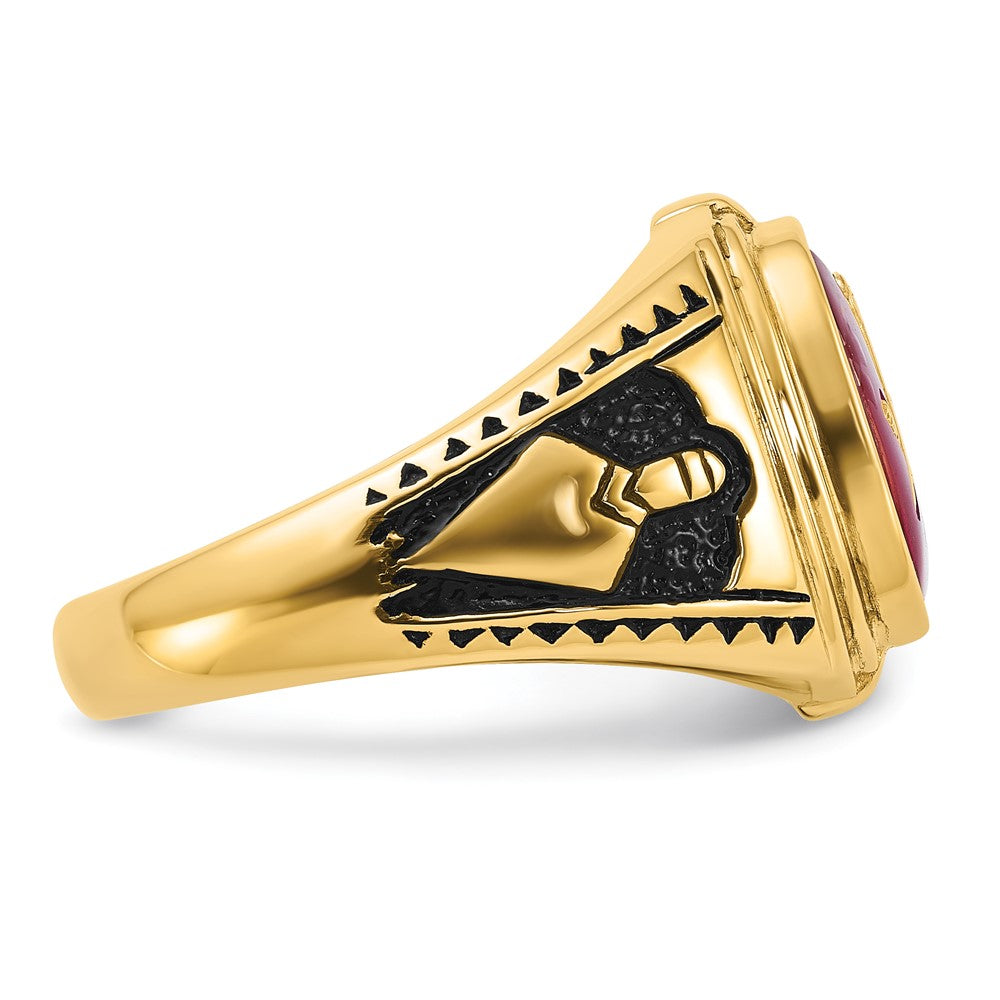 14k Men's Polished and Textured with Black Enamel and Lab Created Ruby Masonic Ring