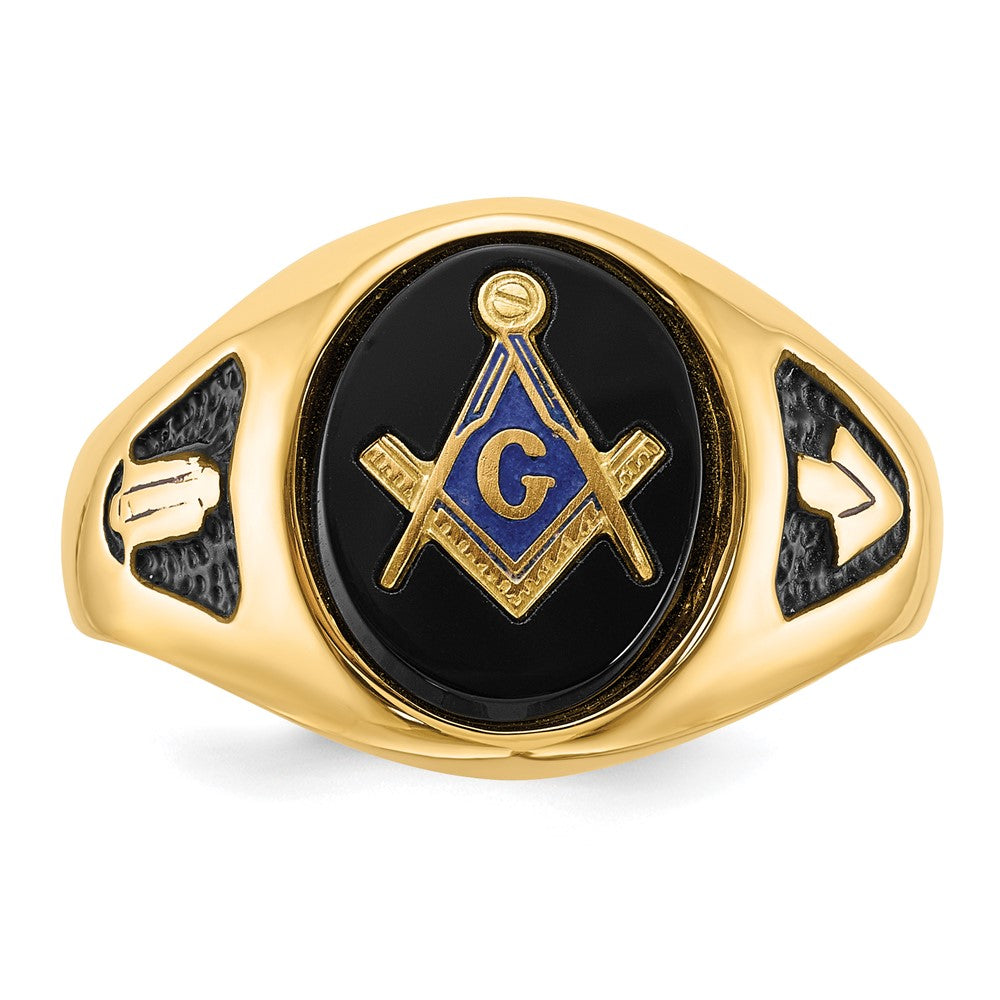 14k Men's Polished and Textured with Black Enamel and Oval Onyx Masonic Ring