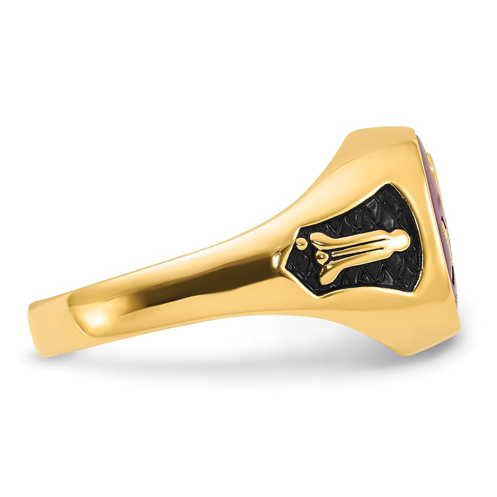 14k Men's Polished and Textured with Black Enamel and Lab Created Ruby Masonic Ring