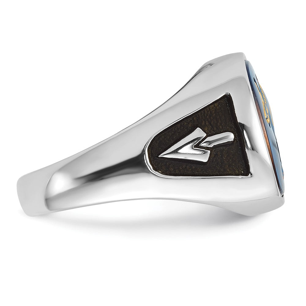14k White Gold Men's Polished and Textured with Black Enamel and Imitation Blue Spinel Masonic Ring