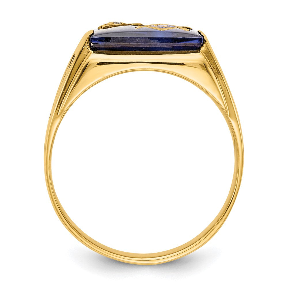 14k Men's Polished and Textured with Black Enamel, Imitation Blue Spinel and VS Quality Diamond Masonic Ring