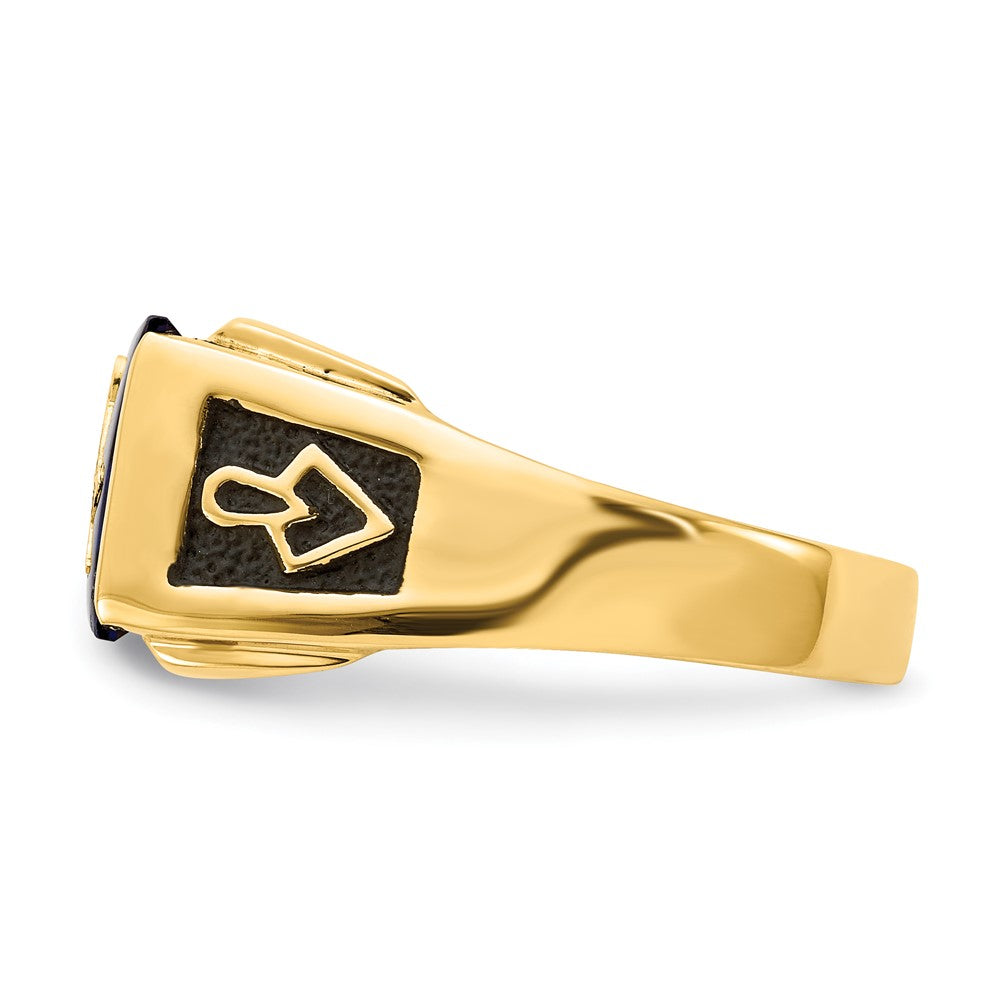 14k Men's Polished and Textured with Black Enamel, Imitation Blue Spinel and A Quality Diamond Masonic Ring