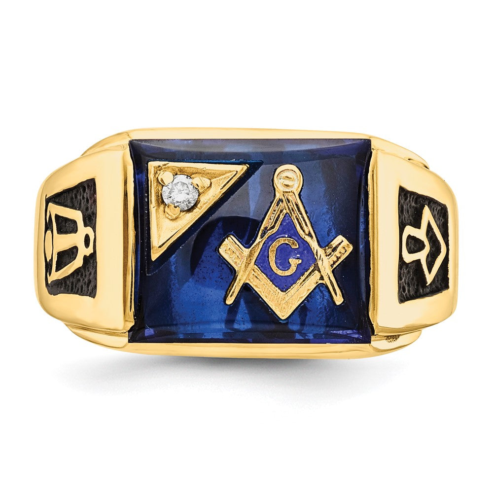 14k Men's Polished and Textured with Black Enamel, Imitation Blue Spinel and A Quality Diamond Masonic Ring