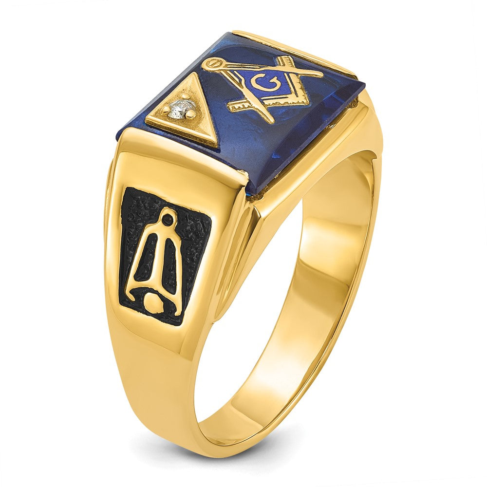 14k Men's Polished and Textured with Black Enamel, Imitation Blue Spinel and A Quality Diamond Masonic Ring