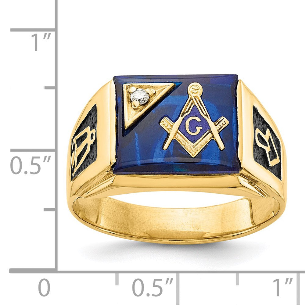 14k Men's Polished and Textured with Black Enamel, Imitation Blue Spinel and AA Quality Diamond Masonic Ring