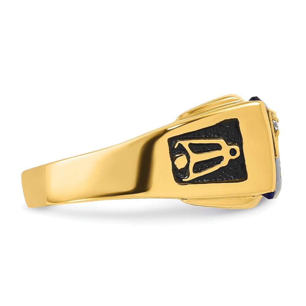 14k Men's Polished and Textured with Black Enamel, Imitation Blue Spinel and AA Quality Diamond Masonic Ring