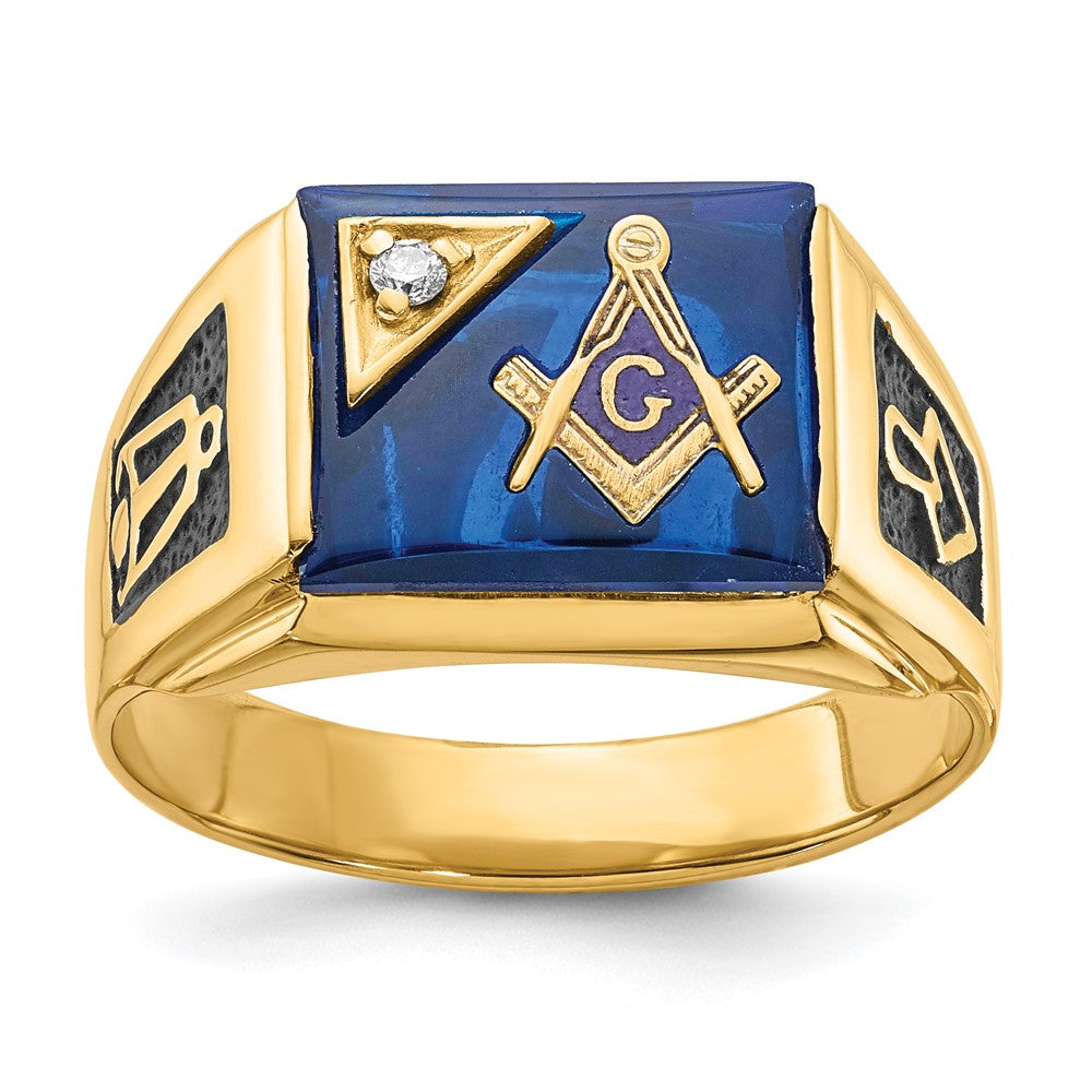 14k Men's Polished and Textured with Black Enamel, Imitation Blue Spinel and VS Quality Diamond Masonic Ring