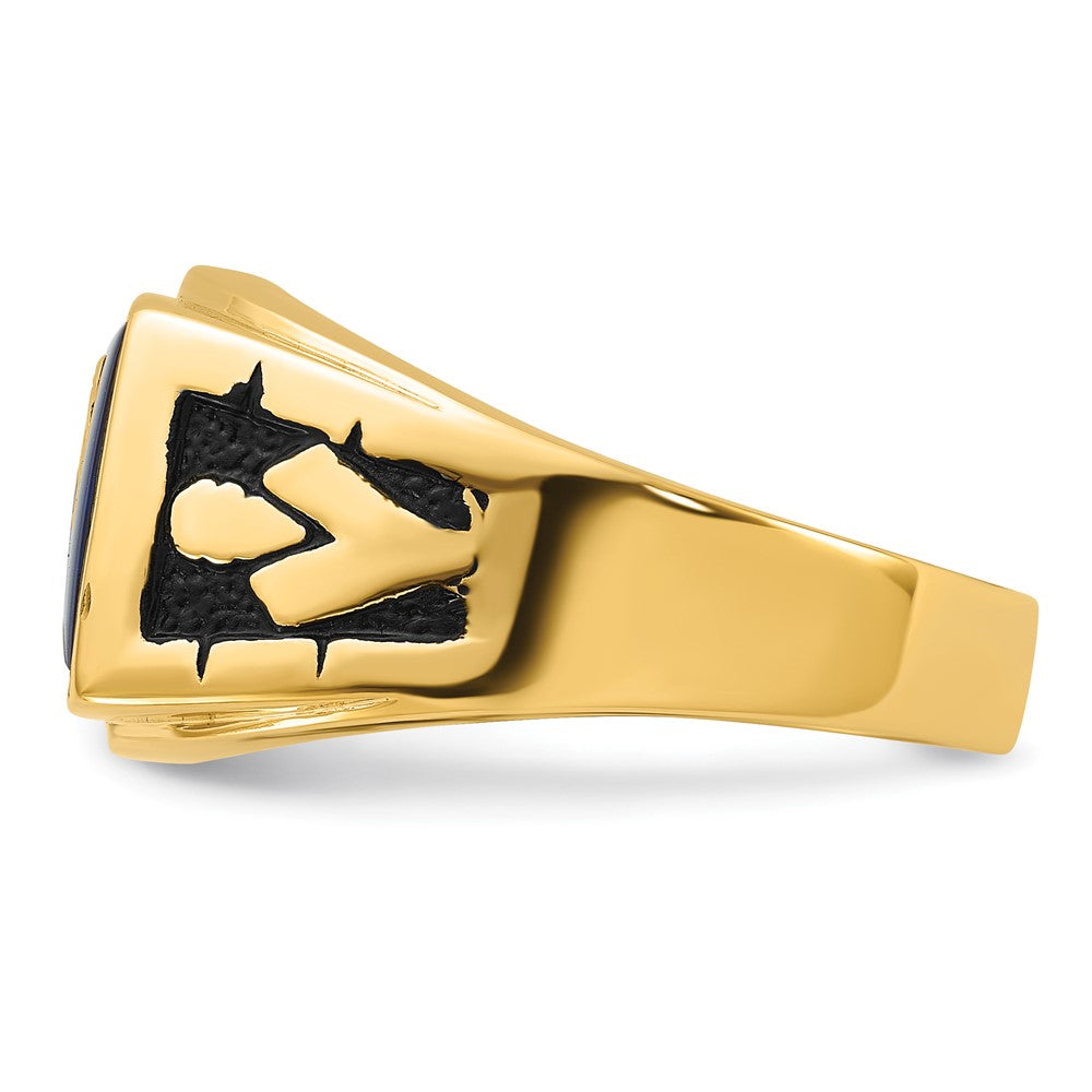 14k Men's Polished and Textured with Black Enamel and Imitation Blue Spinel Masonic Ring