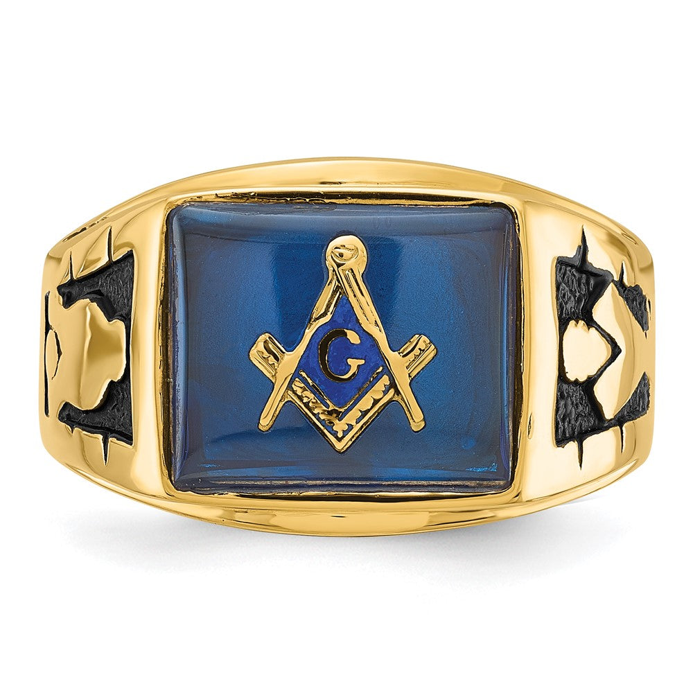 14k Men's Polished and Textured with Black Enamel and Imitation Blue Spinel Masonic Ring