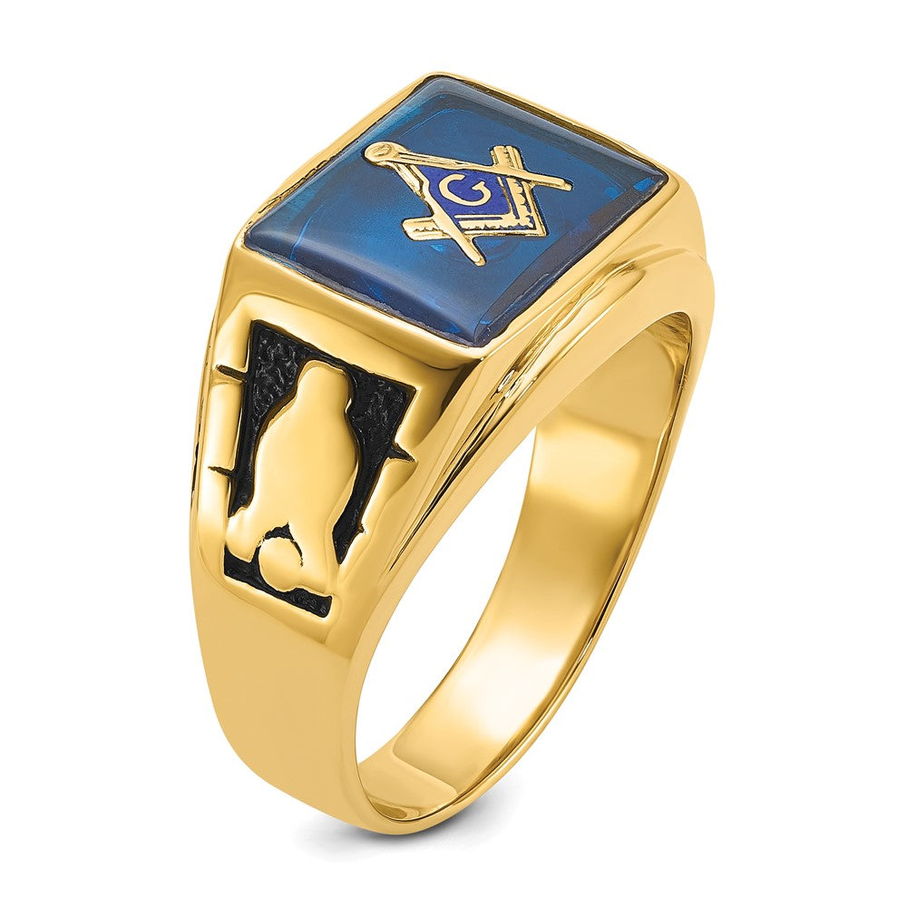 14k Men's Polished and Textured with Black Enamel and Imitation Blue Spinel Masonic Ring