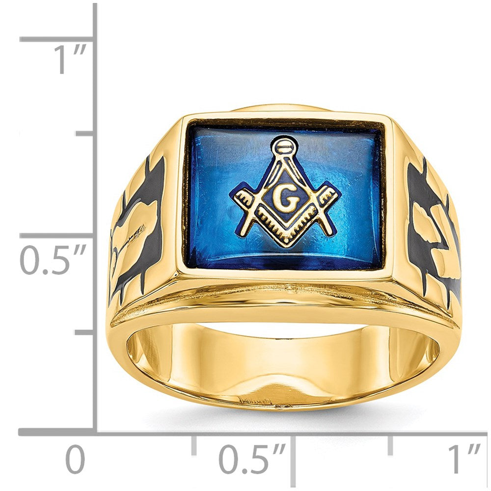 14k Men's Polished and Textured with Black Enamel and Imitation Blue Spinel Masonic Ring