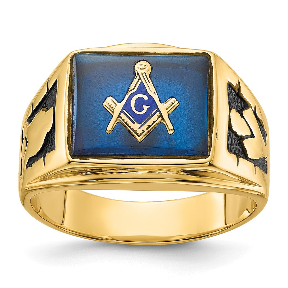14k Men's Polished and Textured with Black Enamel and Imitation Blue Spinel Masonic Ring