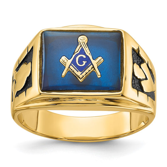 14k Men's Polished and Textured with Black Enamel and Imitation Blue Spinel Masonic Ring