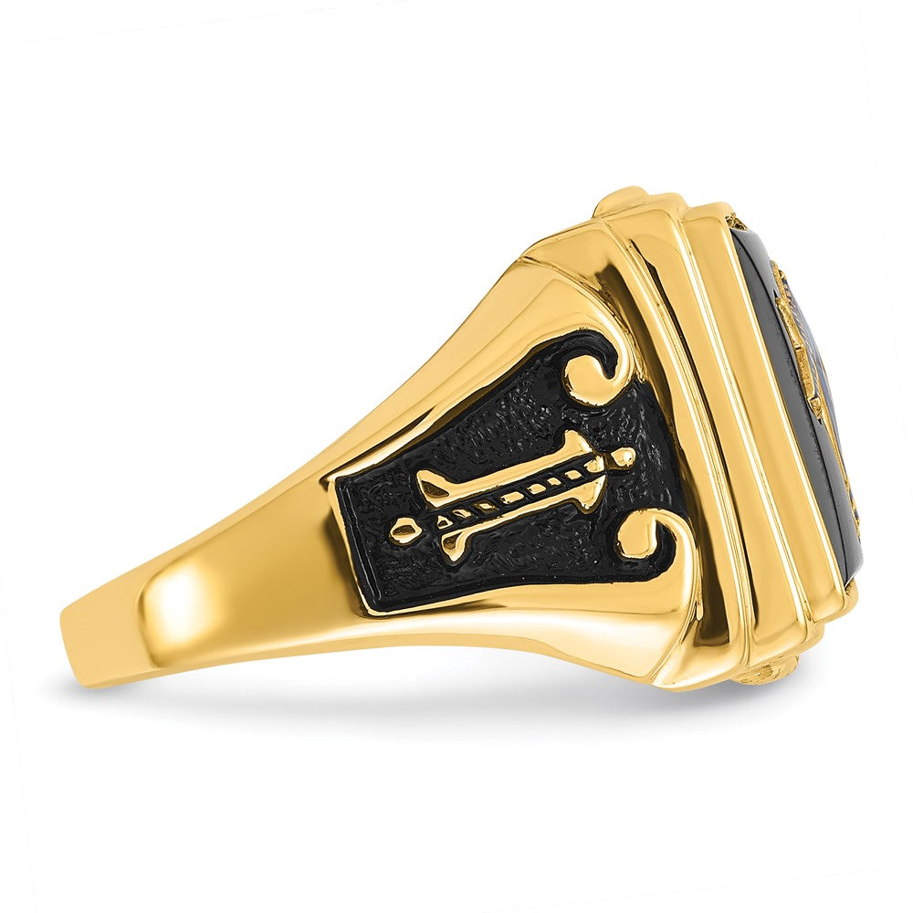 14k Men's Polished and Textured with Black Enamel and Onyx Masonic Ring