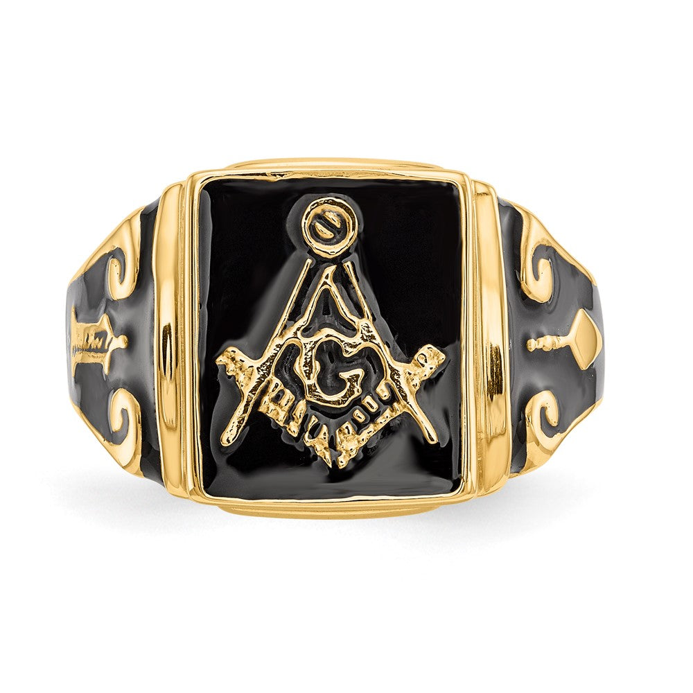 14k Men's Polished and Textured with Black Enamel Masonic Ring