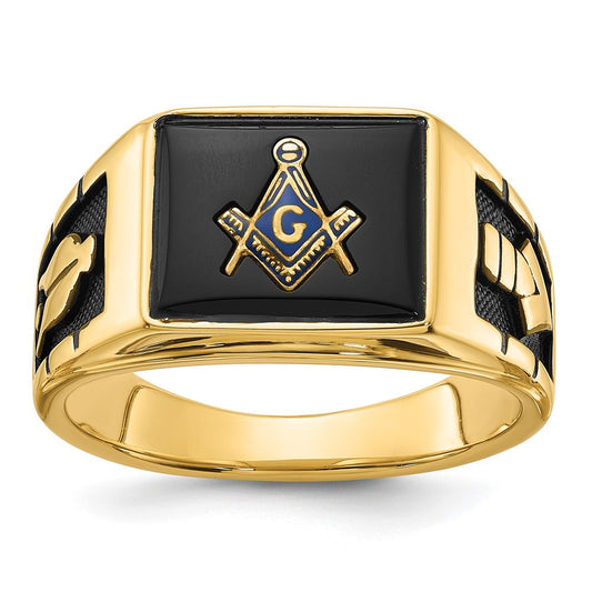 14k Men's Polished and Textured with Black Enamel and Onyx Masonic Ring