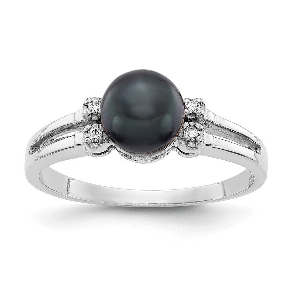 14k White Gold 6mm Black FW Cultured Pearl AA Diamond ring