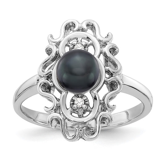 14k White Gold 5.5mm Black FW Cultured Pearl A Diamond ring
