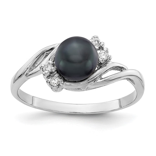 14k White Gold 6mm Black FW Cultured Pearl A Diamond ring
