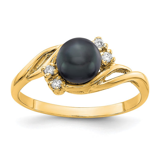 14k Gold 6mm Black FW Cultured Pearl AA Diamond ring