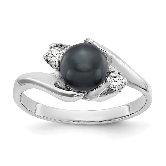 14k White Gold 6mm Black FW Cultured Pearl A Diamond ring