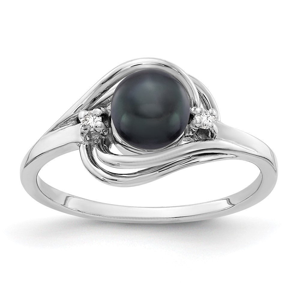 14k White Gold 5.5mm Black FW Cultured Pearl AA Diamond ring