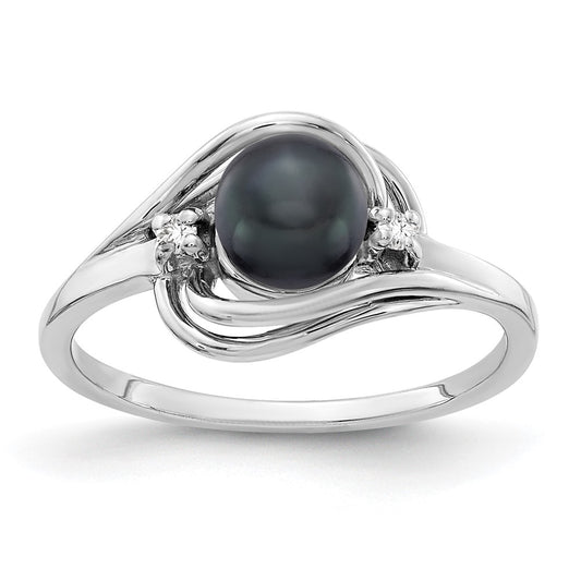 14k White Gold 5.5mm Black FW Cultured Pearl AAA Diamond ring