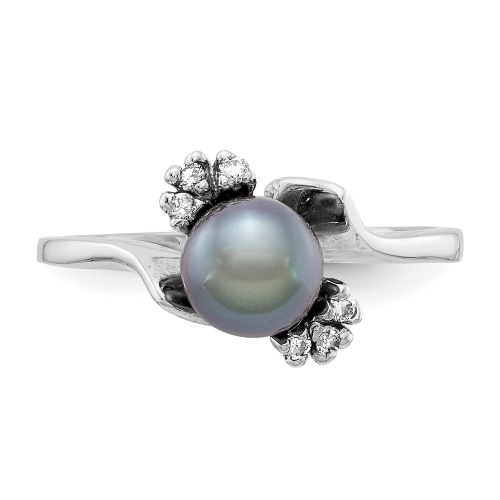 14k White Gold 6mm Black FW Cultured Pearl AA Diamond ring