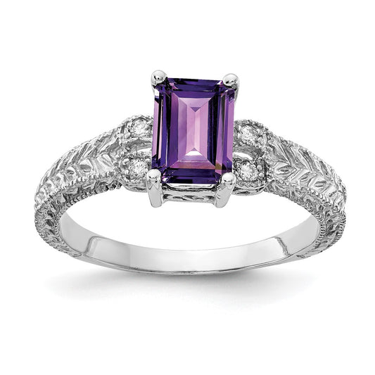 14k White Gold 7x5mm Emerald Cut Amethyst VS Diamond ring