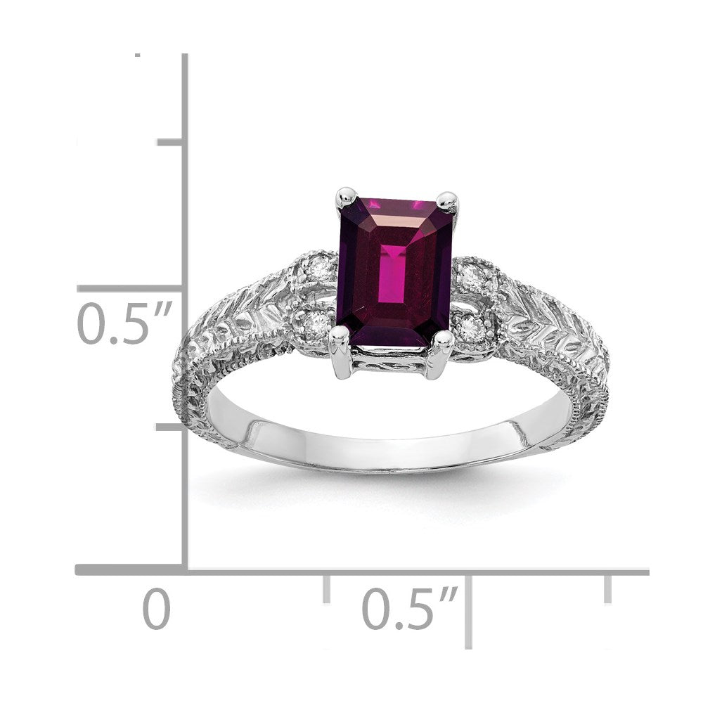 14k White Gold 7x5mm Emerald Cut Rhodolite Garnet VS Diamond ring