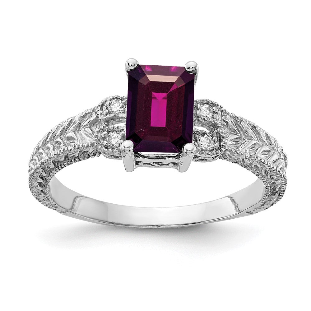 14k White Gold 7x5mm Emerald Cut Rhodolite Garnet AAA Diamond ring