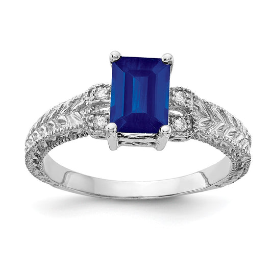 14k White Gold 7x5mm Emerald Cut Sapphire AAA Diamond ring
