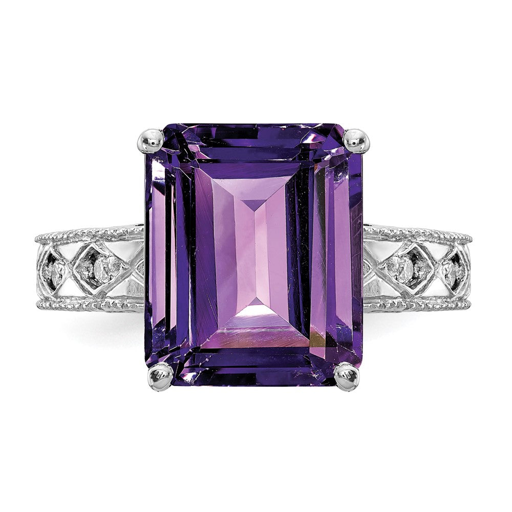 14k White Gold 12x10mm Emerald Cut Amethyst AA Diamond ring
