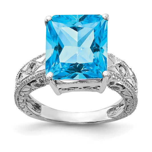 14k White Gold 12x10mm Emerald Cut Blue Topaz A Diamond ring