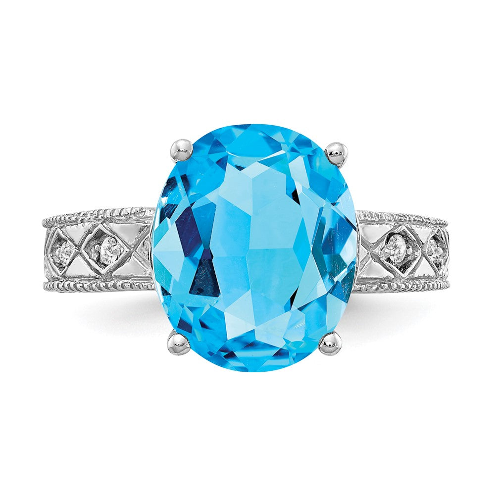 14k White Gold 12x10mm Oval Blue Topaz AA Diamond ring