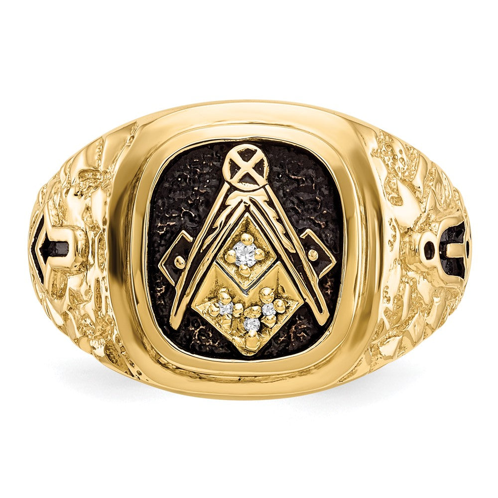 14k Polished, Antiqued and Nugget Texture A Quality Diamond Masonic Ring
