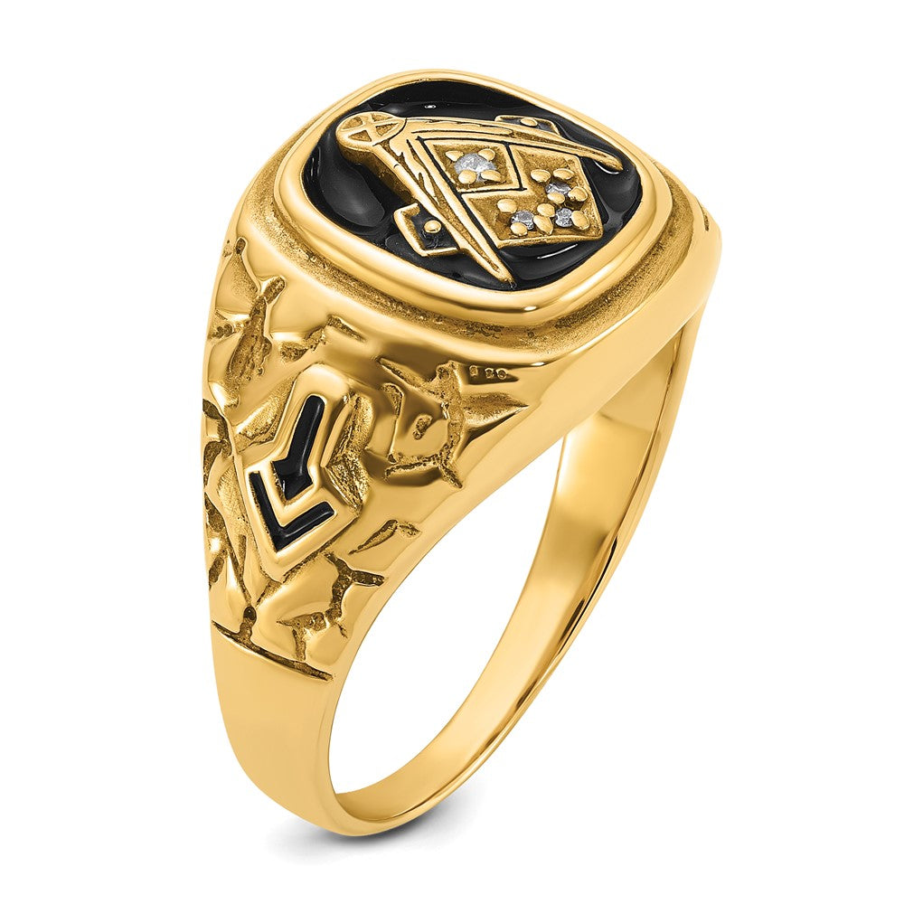 14k Polished, Antiqued and Nugget Texture A Quality Diamond Masonic Ring