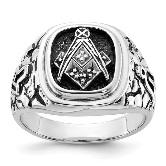 14k White Gold Men's Polished Antiqued and Textured with Black Enamel and VS Quality Diamonds Masonic Ring