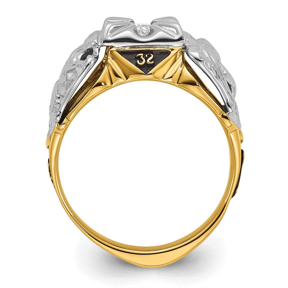 14k Two-tone Men's Polished and Textured with Black Enamel and AA Quality Diamond Masonic Ring