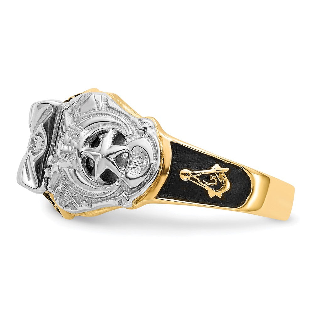 14k Two-tone Men's Polished and Textured with Black Enamel and AAA Quality Diamond Masonic Ring